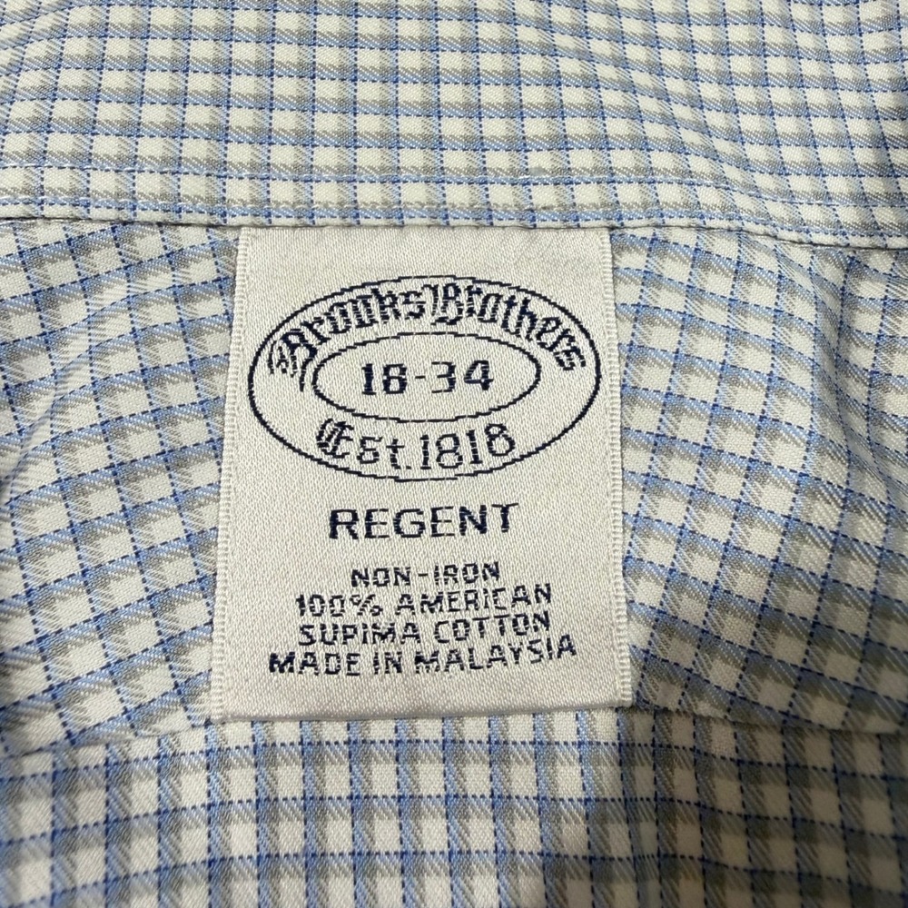 Brooks Brothers Dress Shirt Regent Men 18 34 Blue Non-Iron Check French Cuff EUC - Picture 2 of 9